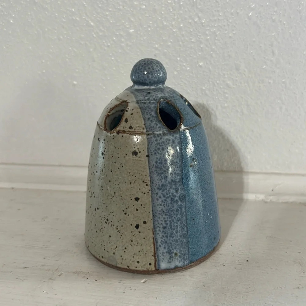 Handmade pottery frog floral holder with multiple holes blue gray glaze